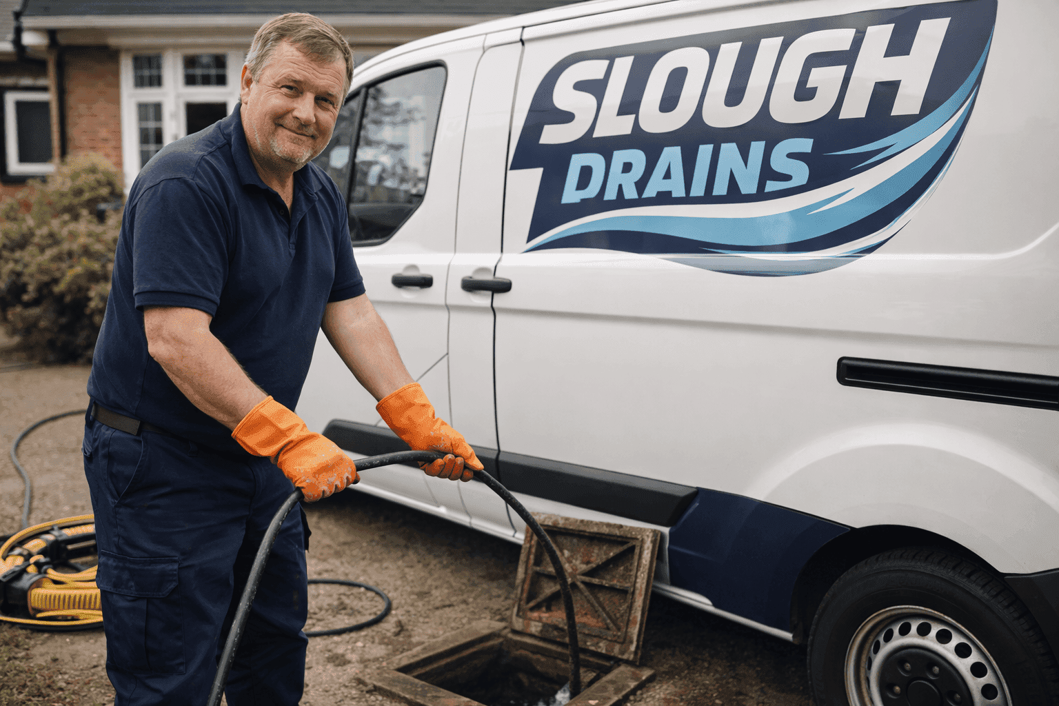 SloughDrains engineer clearing a drain beside the branded van